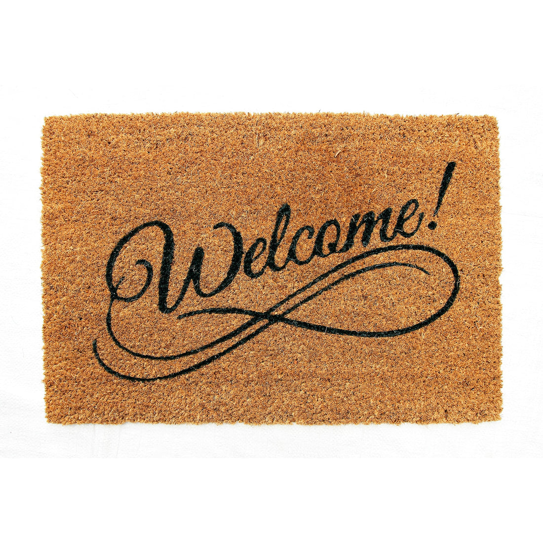 Rectangular natural coir doormat with the word 'Welcome' printed in black cursive font, placed on a white background.